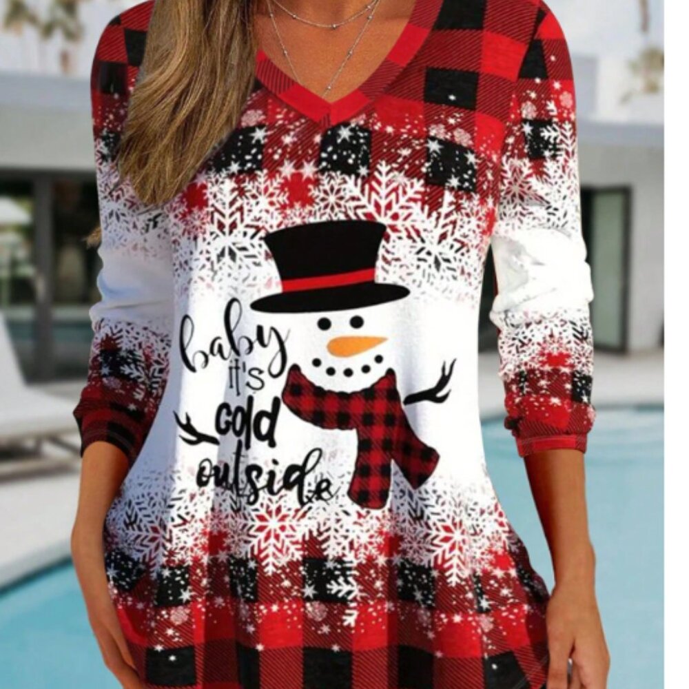 2 pic Women Christmas Plaid Snowman Print Casual T-Shirt, buy one get one free